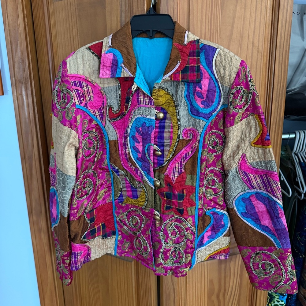 Vintage Colorful Women's Patchwork Jacket Medium Collared Medium Boho Retro
